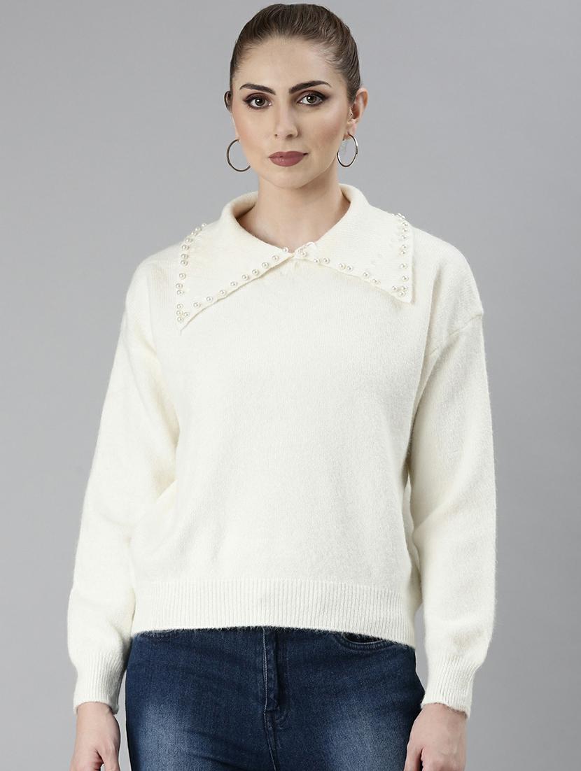 off white collared pearl detailed casual top - 20610667 - Zoom Image - 0
