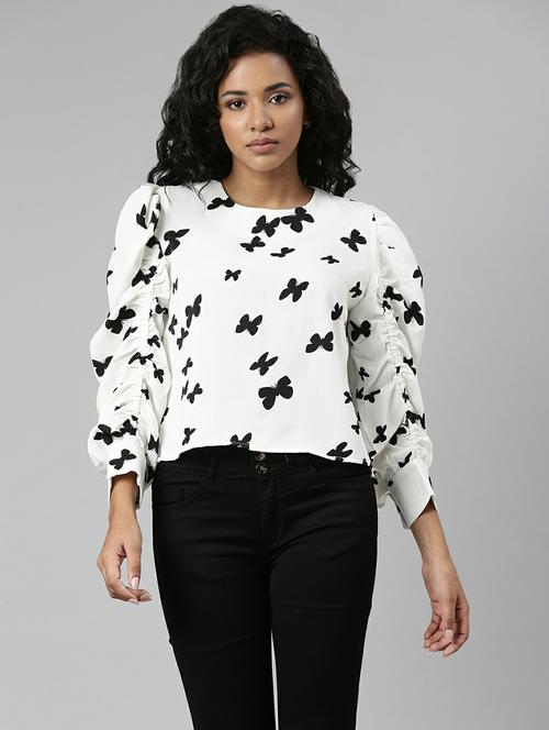 women quirly printed puff sleeves cropped top - 20610670 - Standard Image - 0