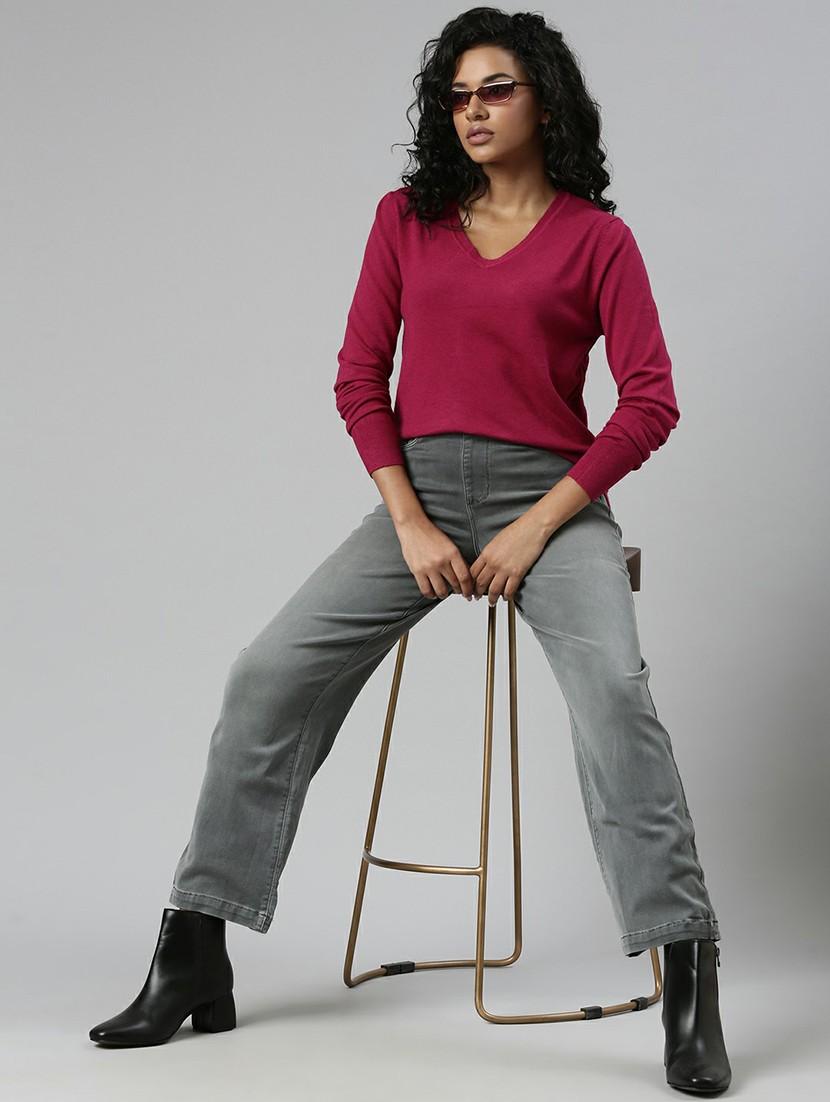 solid pink v neck casual top - 20610672 - Standard Image - 3