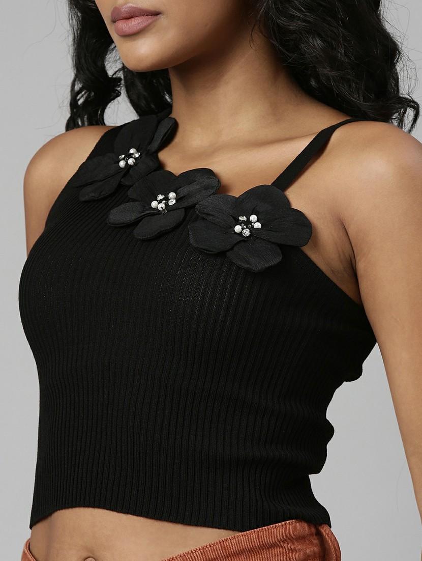 black asymmetric applique detailed crop top - 20610674 - Standard Image - 5