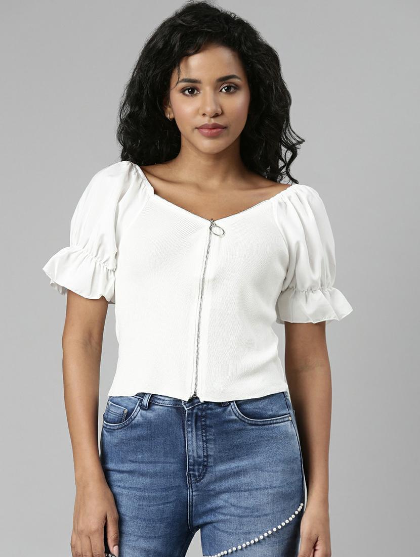 solid white zipper detailed casual top - 20610675 - Zoom Image - 0