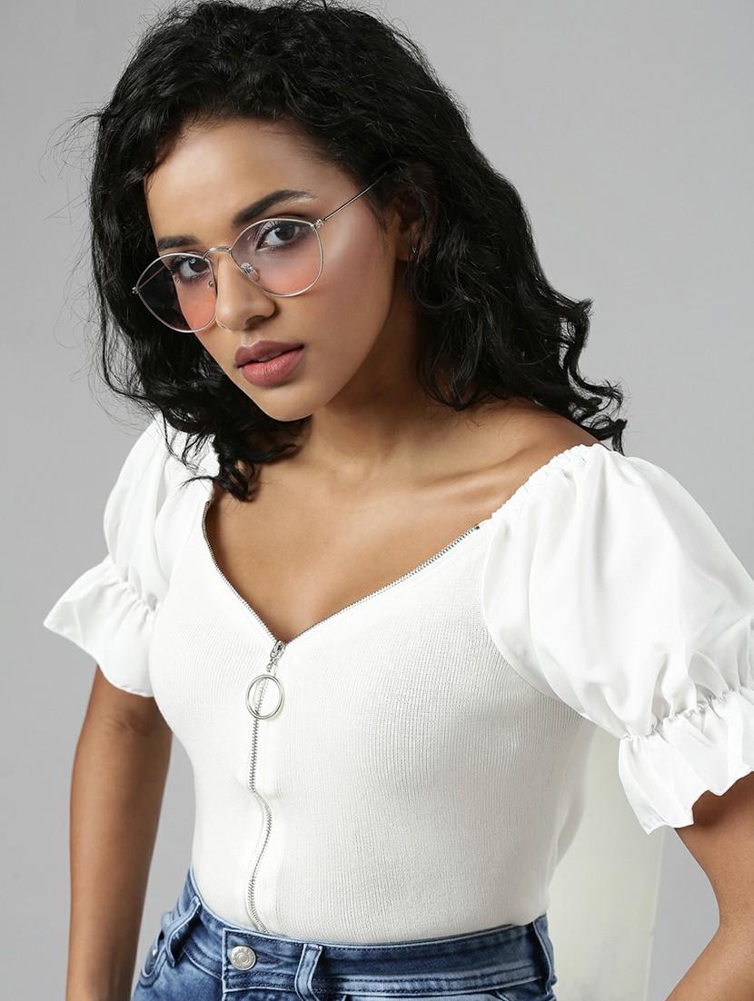 solid white zipper detailed casual top - 20610675 - Standard Image - 3