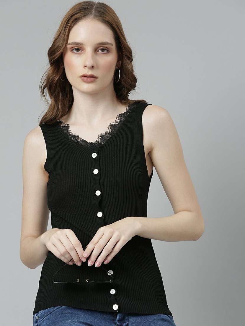 solid black button detailed casual top - 20610676 -  Standard Image - 3