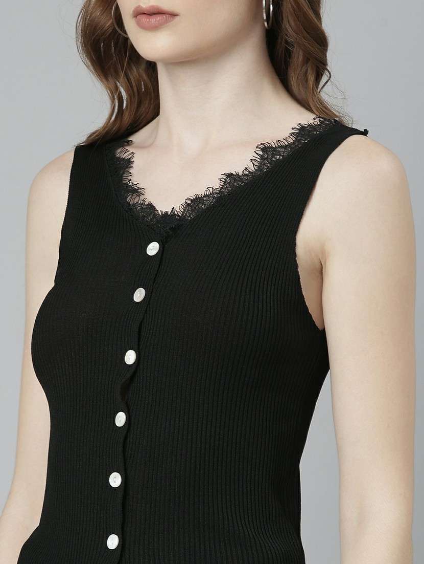 solid black button detailed casual top - 20610676 -  Standard Image - 5
