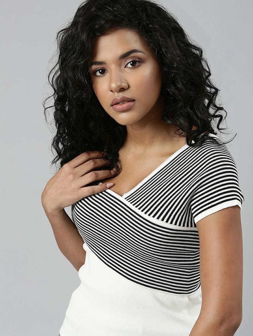off white striped detailed off shoulder regular top - 20610678 - Standard Image - 3