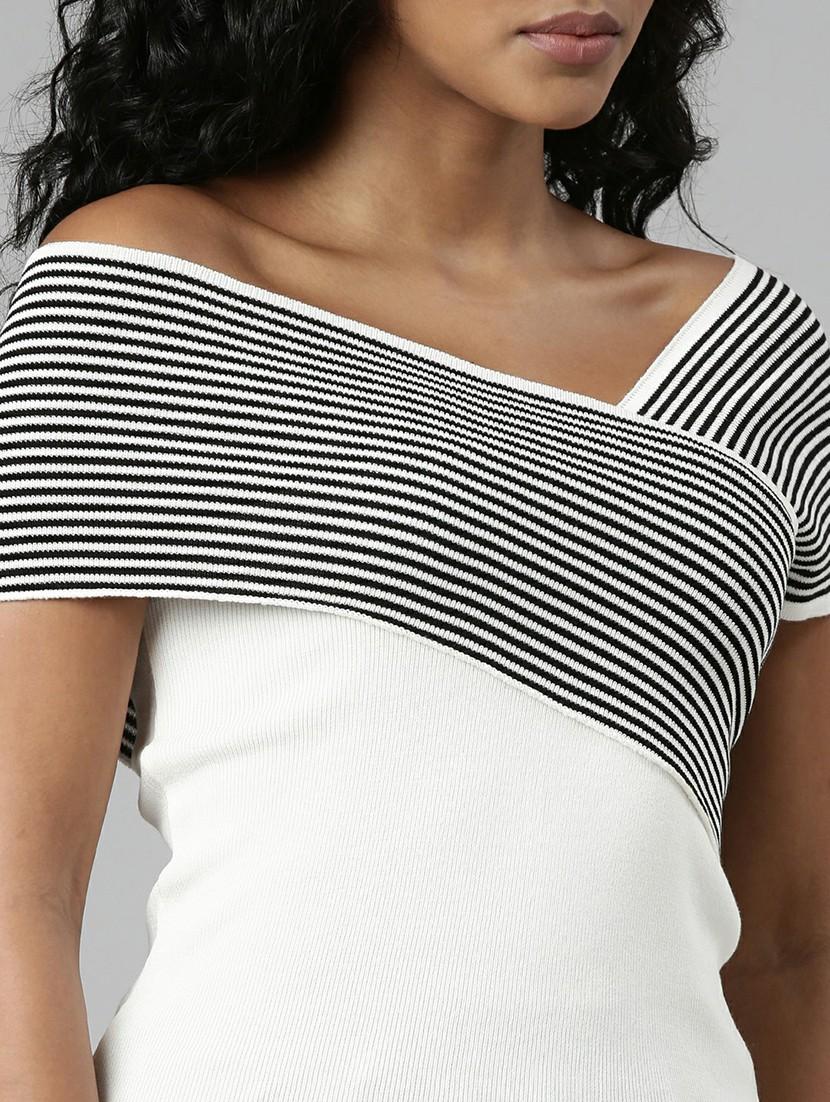 off white striped detailed off shoulder regular top - 20610678 - Standard Image - 5
