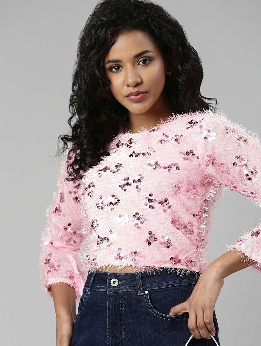 pink sequins detailed casual crop top - 20610679 -  Standard Image - 3