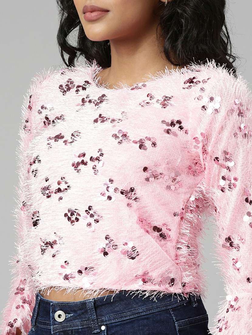 pink sequins detailed casual crop top - 20610679 -  Standard Image - 5