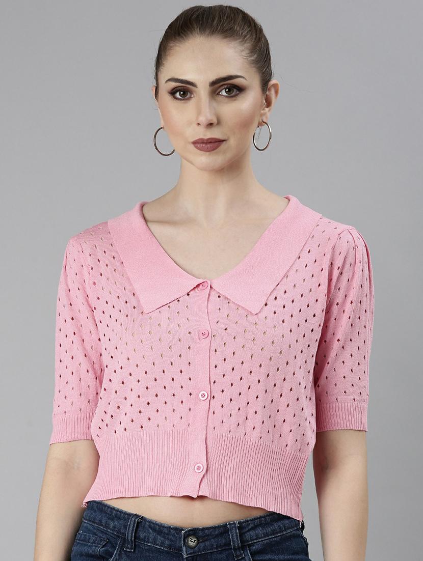 solid pink self design button detailed regular short top - 20610681 - Zoom Image - 0