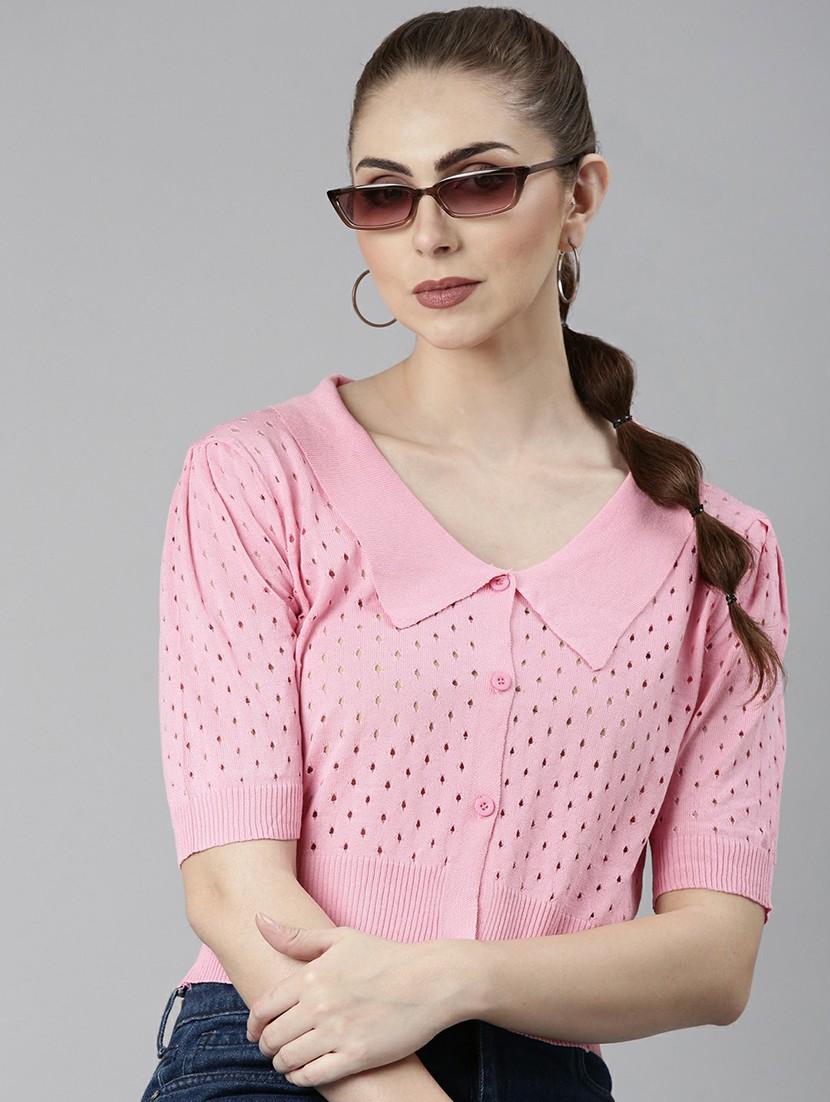 solid pink self design button detailed regular short top - 20610681 - Standard Image - 3