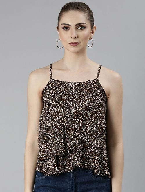 brown floral printed front layered detail casual top - 20610684 - Standard Image - 0