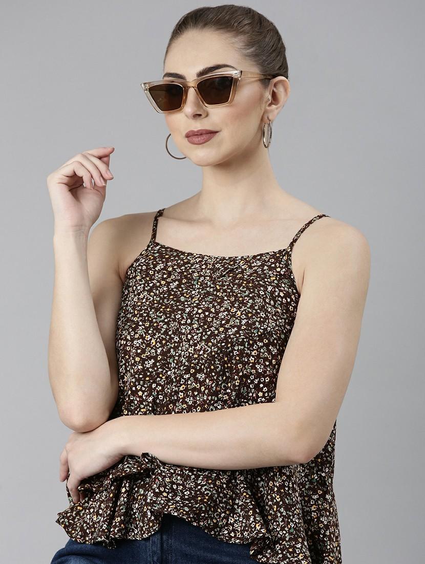 brown floral printed front layered detail casual top - 20610684 - Standard Image - 3