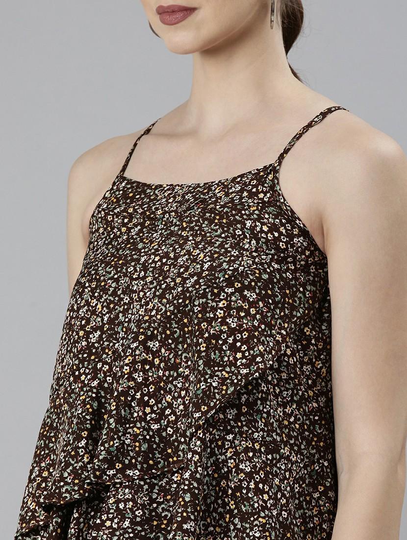 brown floral printed front layered detail casual top - 20610684 - Standard Image - 5