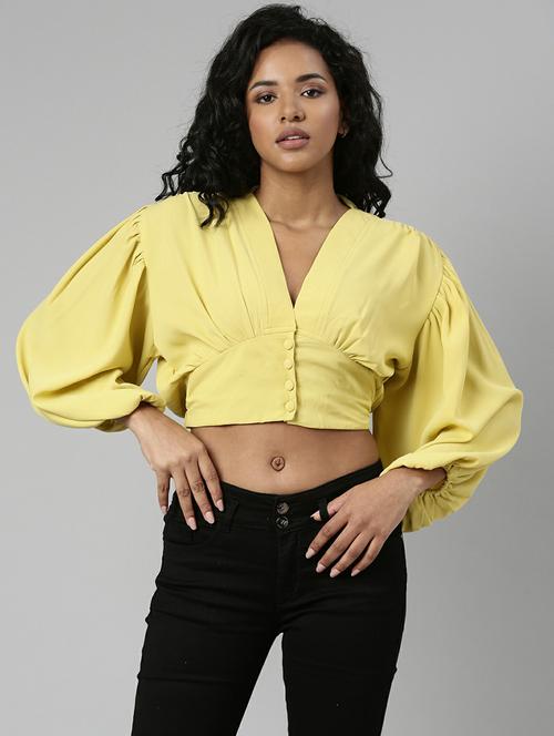solid yellow blouson crop top - 20610685 - Standard Image - 0