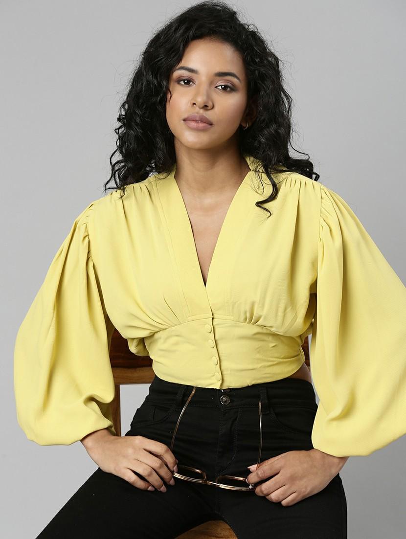 solid yellow blouson crop top - 20610685 - Standard Image - 3
