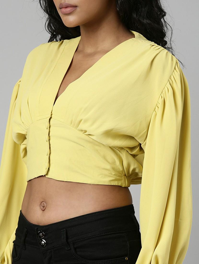 solid yellow blouson crop top - 20610685 - Standard Image - 5