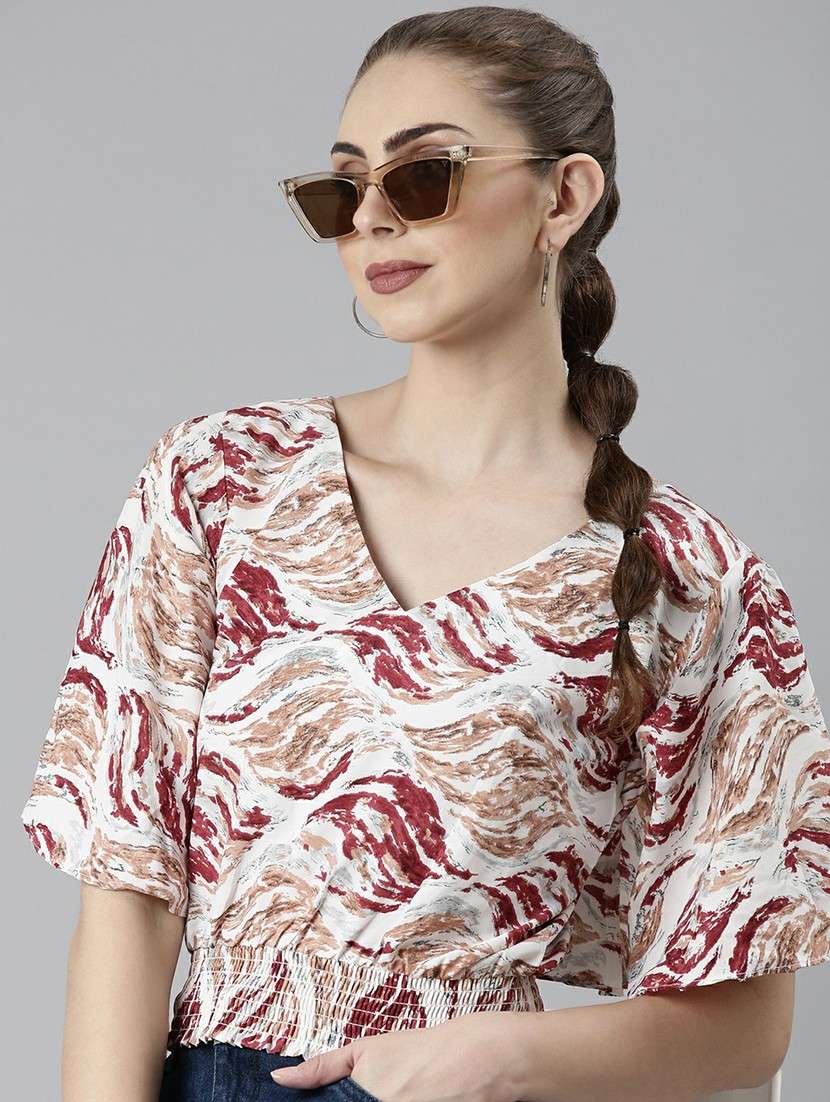 white printed smocked detailed blouson crop top - 20610687 -  Standard Image - 3