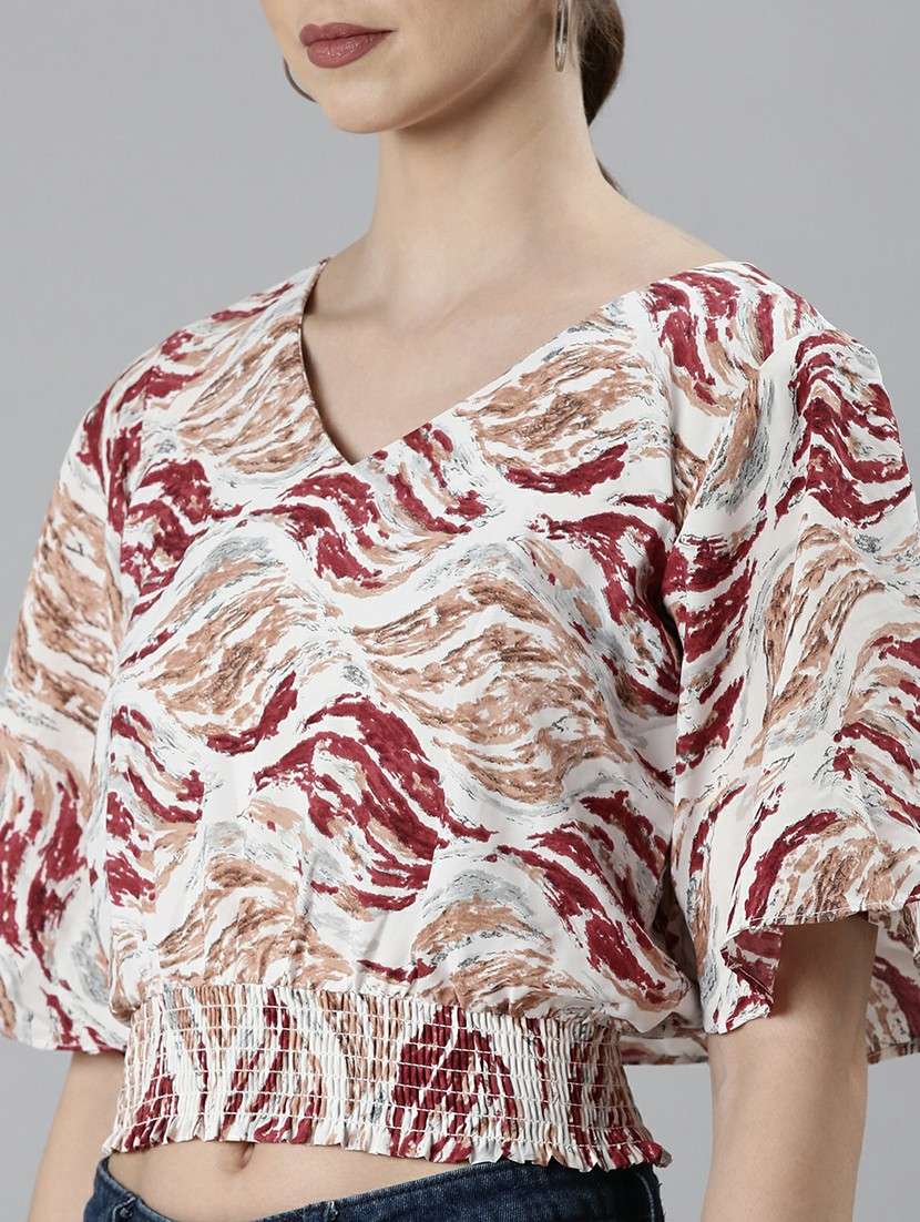 white printed smocked detailed blouson crop top - 20610687 -  Standard Image - 5