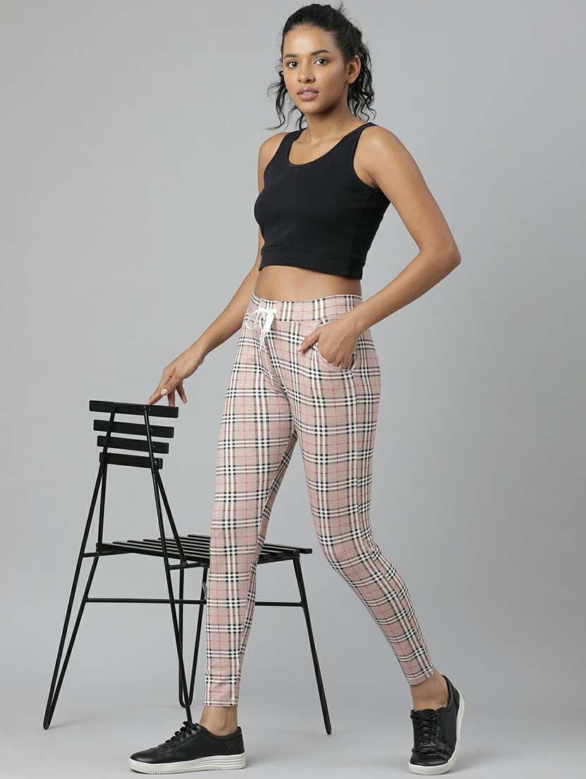 women mid rise checkered track pant - 20610725 -  Standard Image - 3