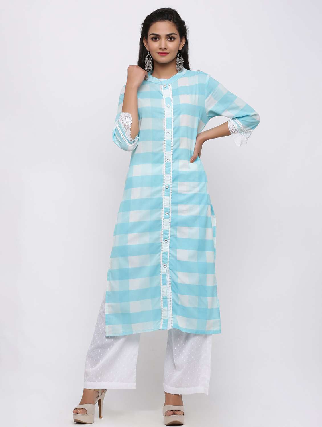 women light blue mandarin neck kurta palazzo sets - 20610947 - Zoom Image - 0