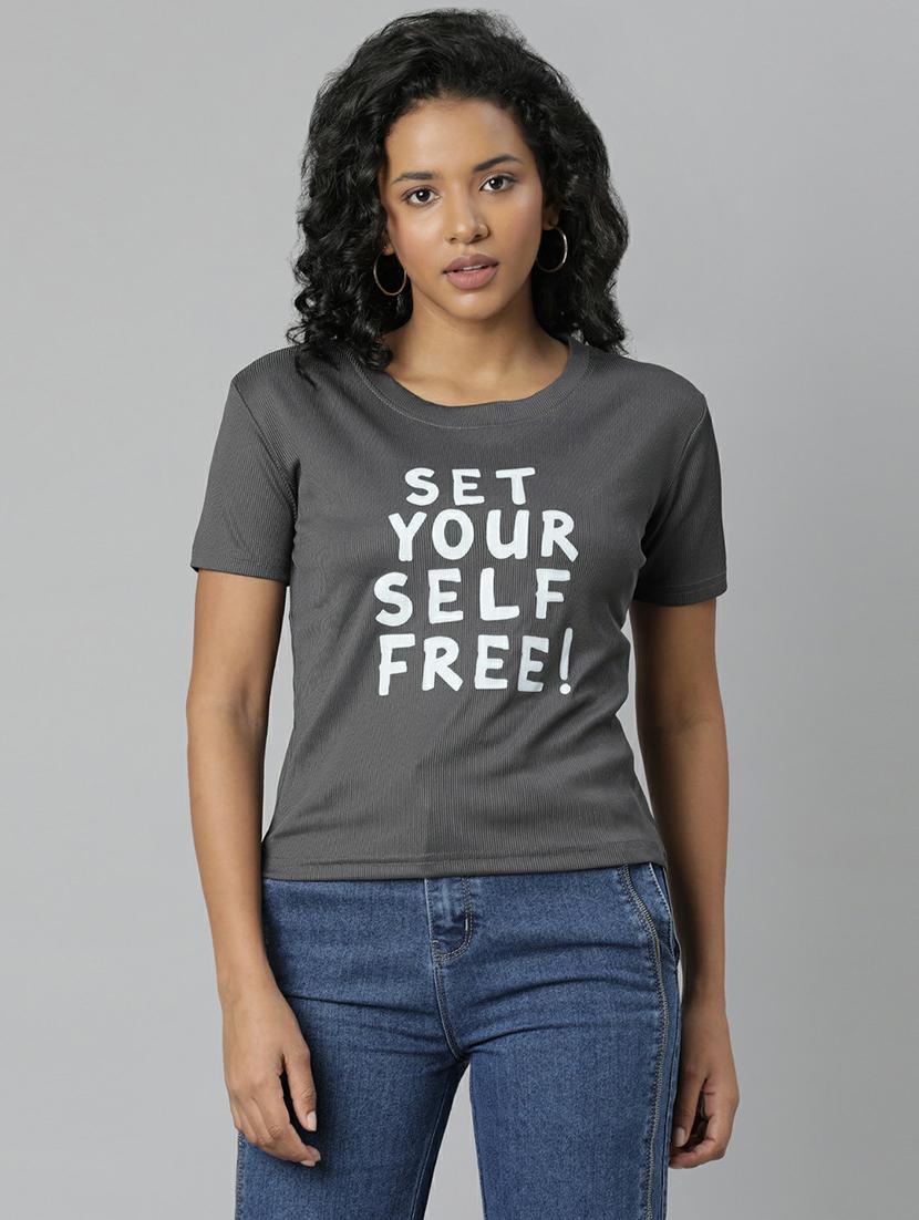 women grey typographic crop t-shirt - 20612588 -  Zoom Image - 0