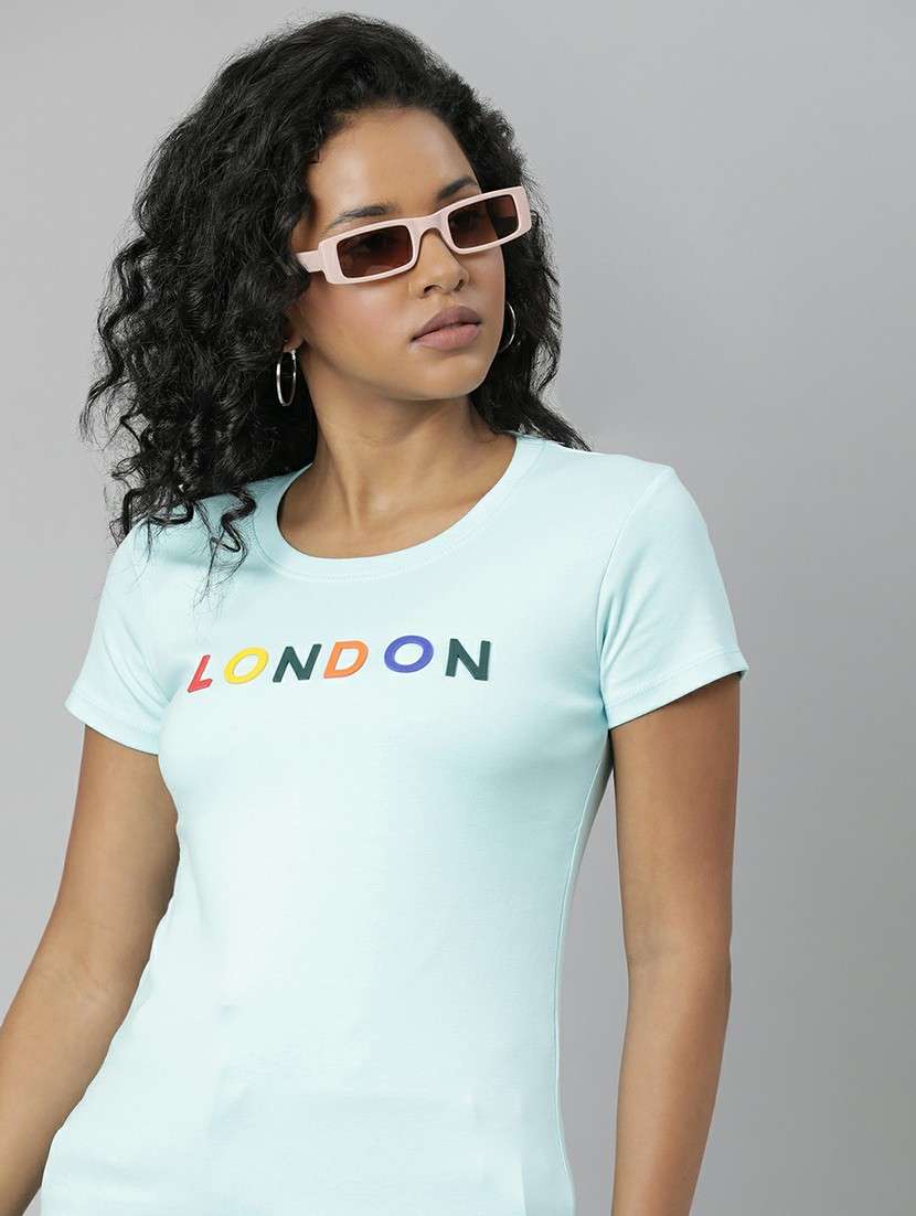women light blue cotton chest print t-shirt - 20612596 -  Standard Image - 3