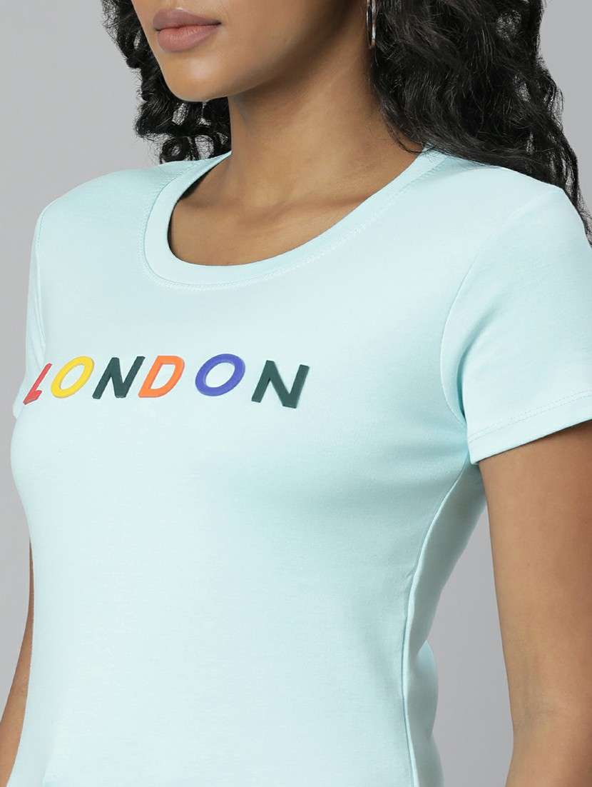 women light blue cotton chest print t-shirt - 20612596 -  Standard Image - 5