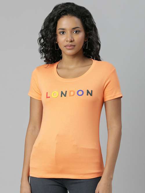 women orange cotton chest print t-shirt - 20612598 - Standard Image - 0