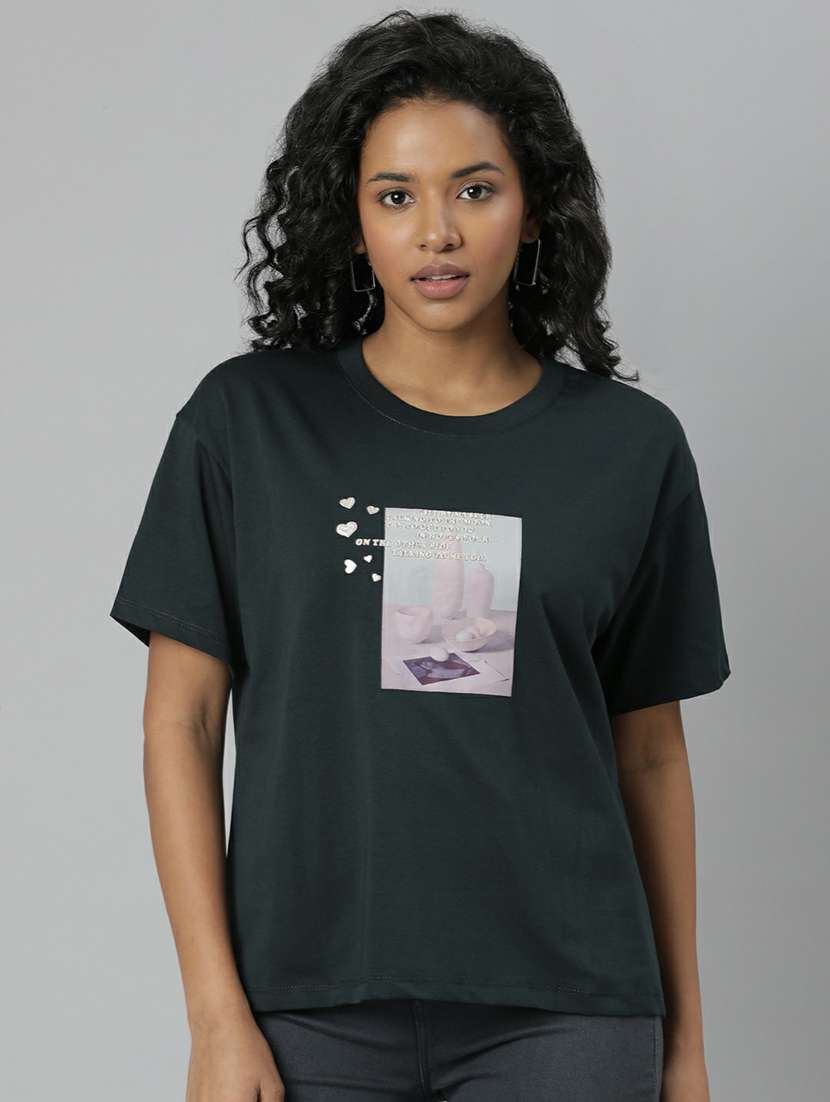 Women Dark Green Graphic Boxy T Shirt