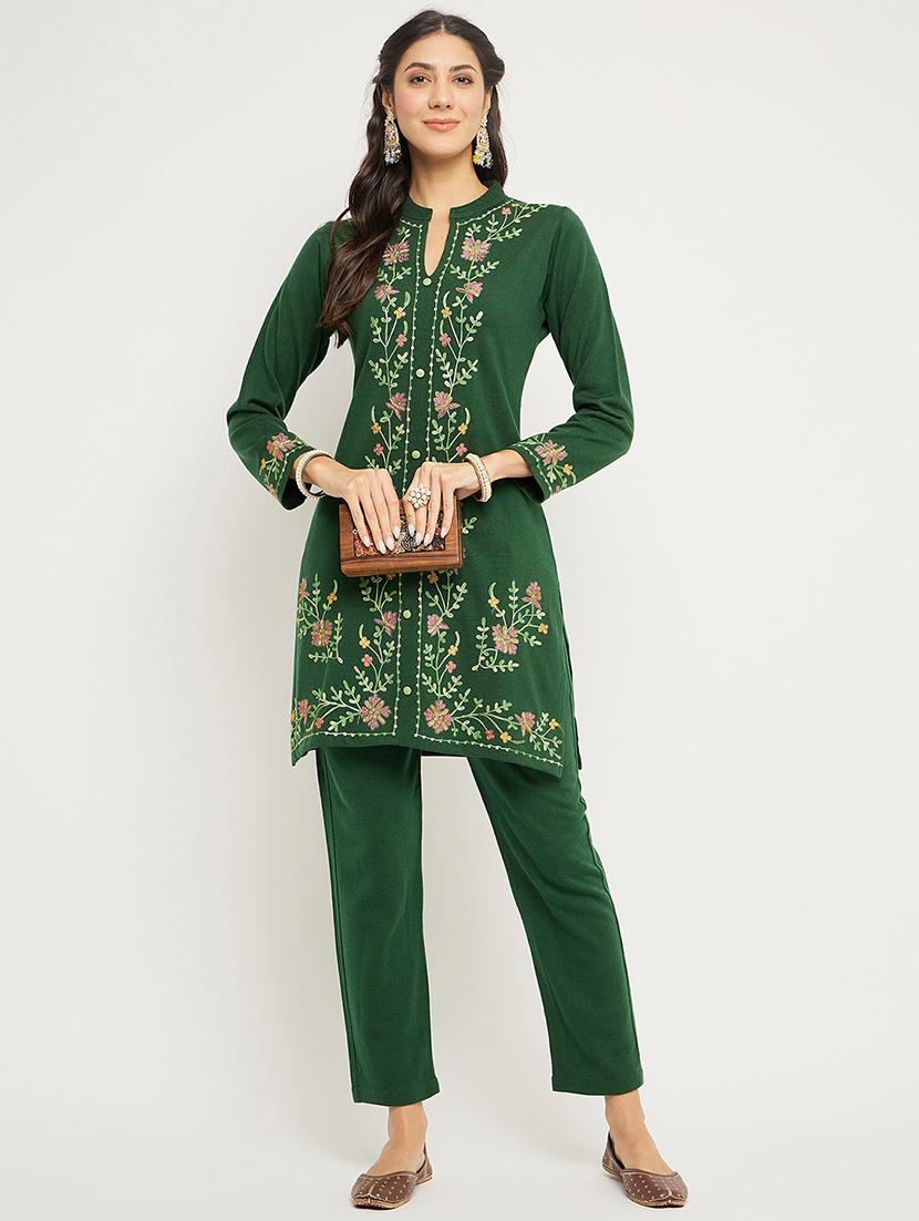 green embroidered detailed coord set - 20612616 - Zoom Image - 0