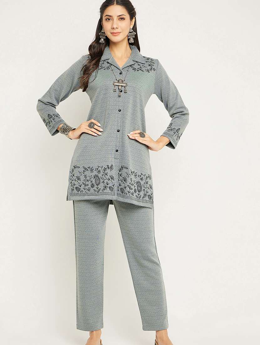 Women Grey Embroidered Acrylic Co-ord - 20612626 -  Standard Image - 3