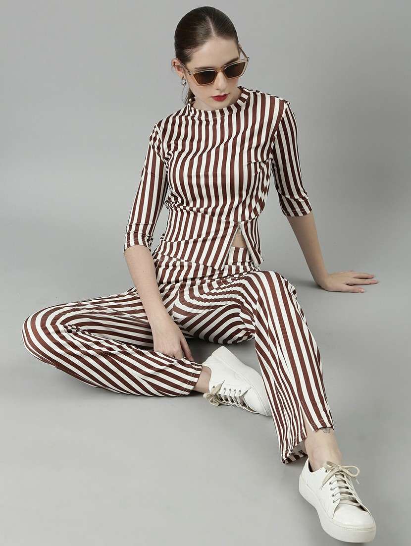 women brown & white striped top and trouser set  - 20612662 -  Standard Image - 3
