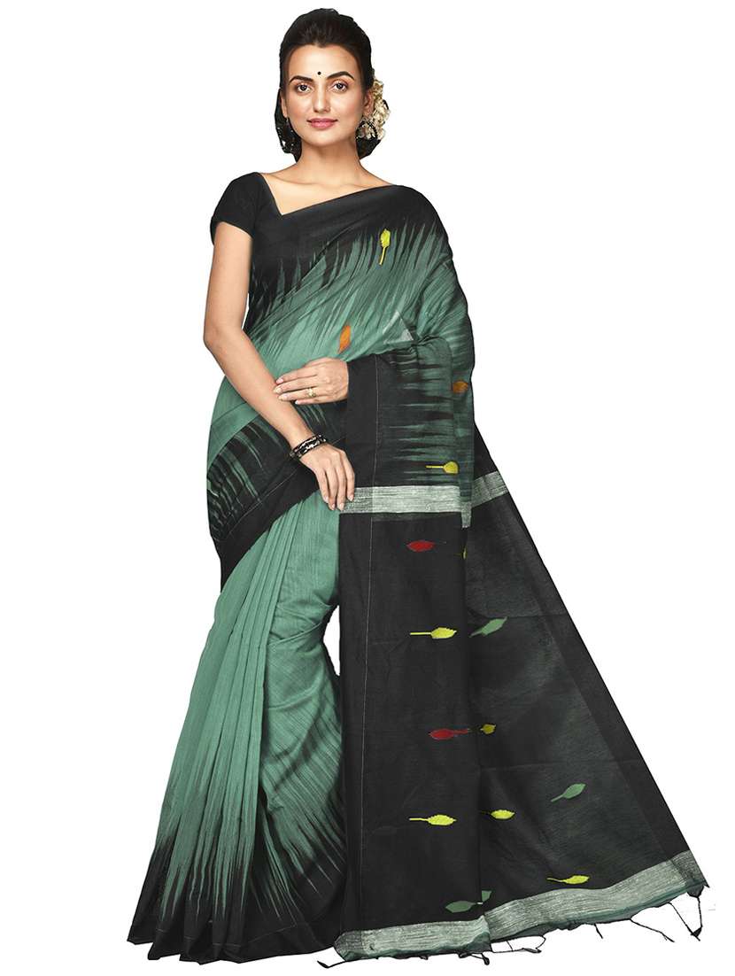 sea green & black self design handloom saree with blouse - 20613989 - Zoom Image - 0