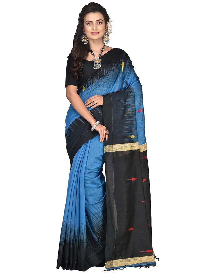 women blue self design handloom saree with blouse