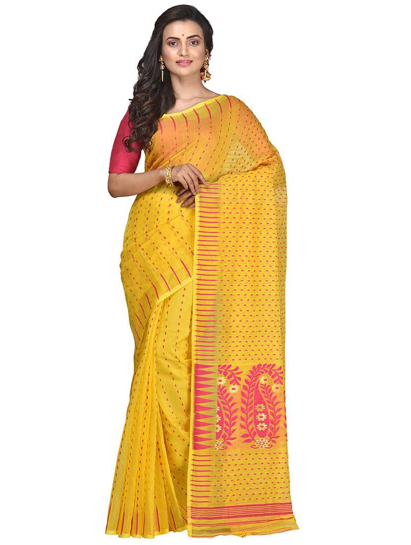 women yellow self design jamdani saree with blouse - 20614002 -  Zoom Image - 0