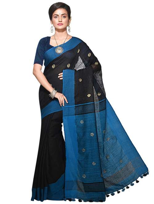 women black & blue self design handloom saree with blouse - 20614012 -  Standard Image - 0