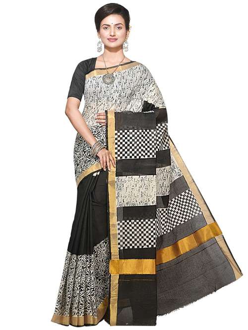 women white & black handloom saree with blouse - 20614017 -  Standard Image - 0