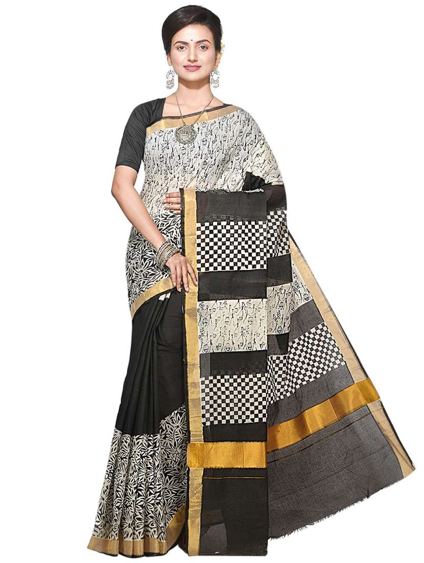 women white & black handloom saree with blouse