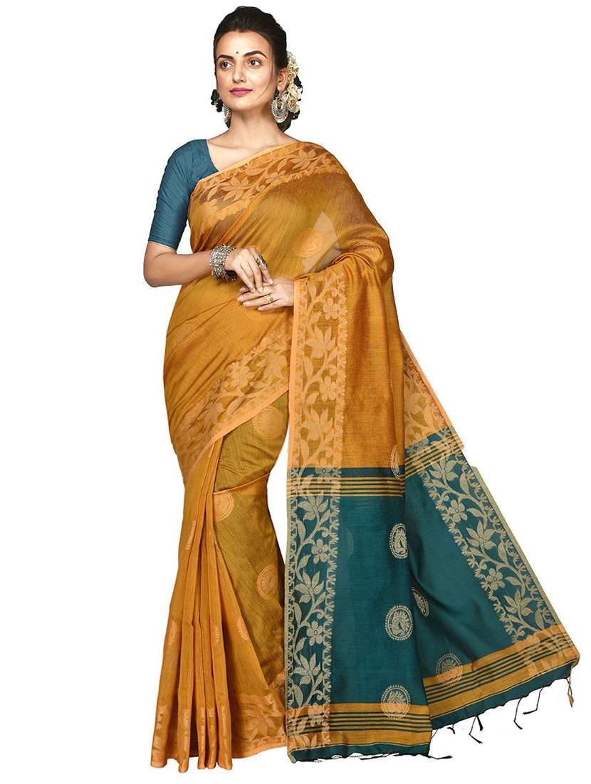 women's self design gold colored saree with blouse