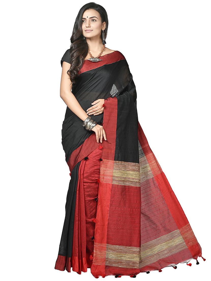 women black & red solid half and half saree with blouse - 20614047 - Zoom Image - 0