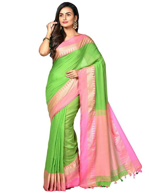 women green solid bordered saree with blouse - 20614048 -  Standard Image - 0