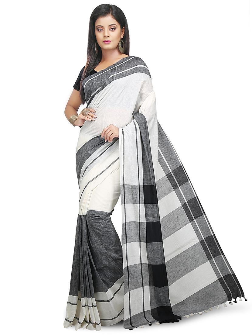 women white self design handloom saree with blouse - 20614059 - Zoom Image - 0