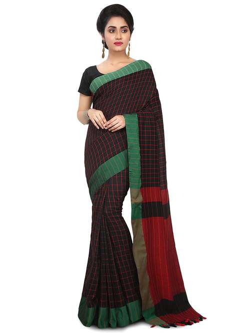black checkered handloom saree with blouse - 20614068 -  Standard Image - 0
