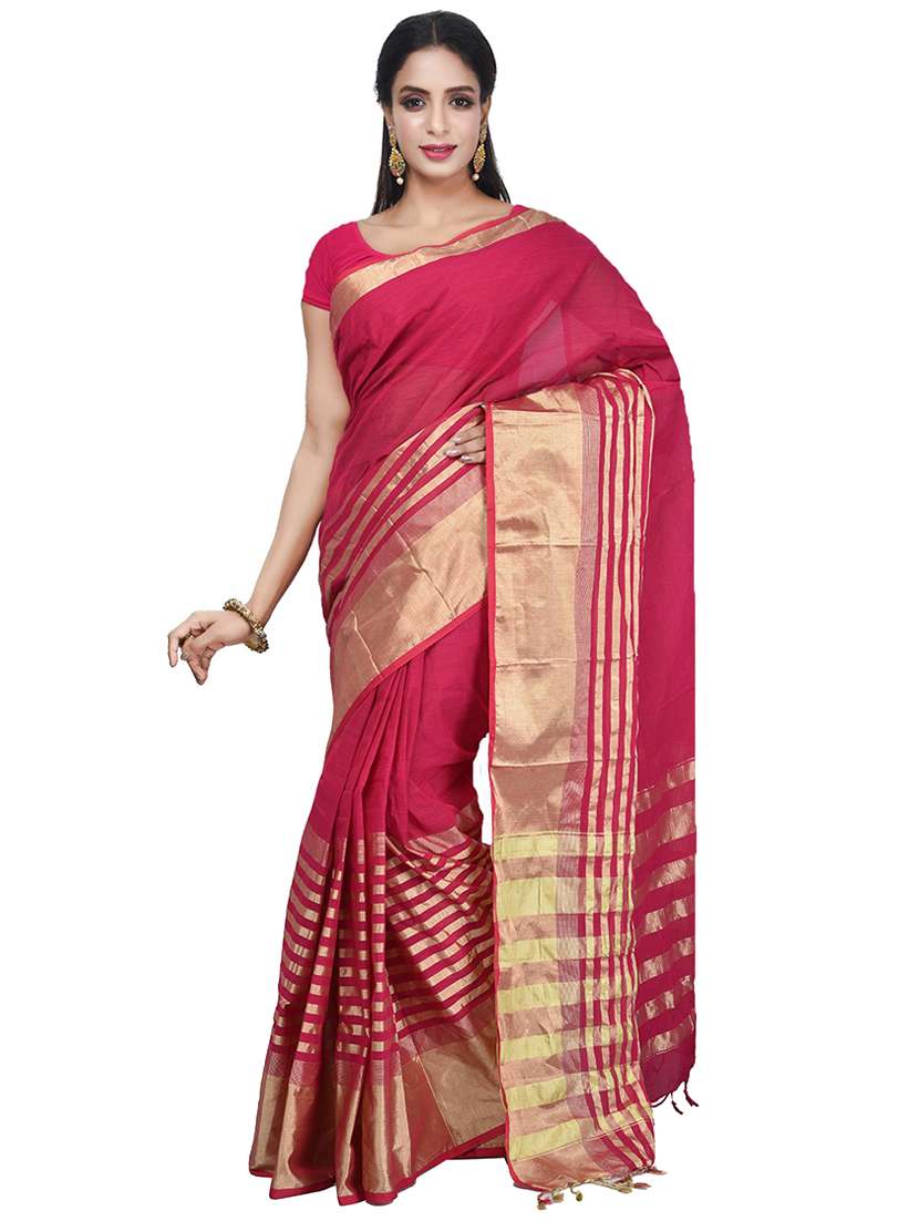 women pink solid bordered saree with blouse