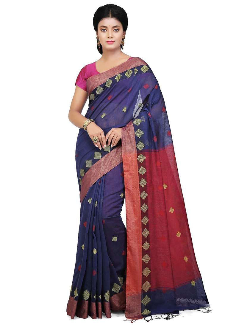 women navy blue self design handloom saree with blouse