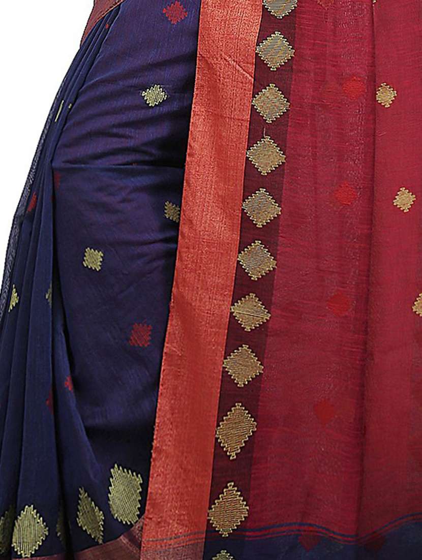 women navy blue self design handloom saree with blouse - 20614084 -  Standard Image - 3