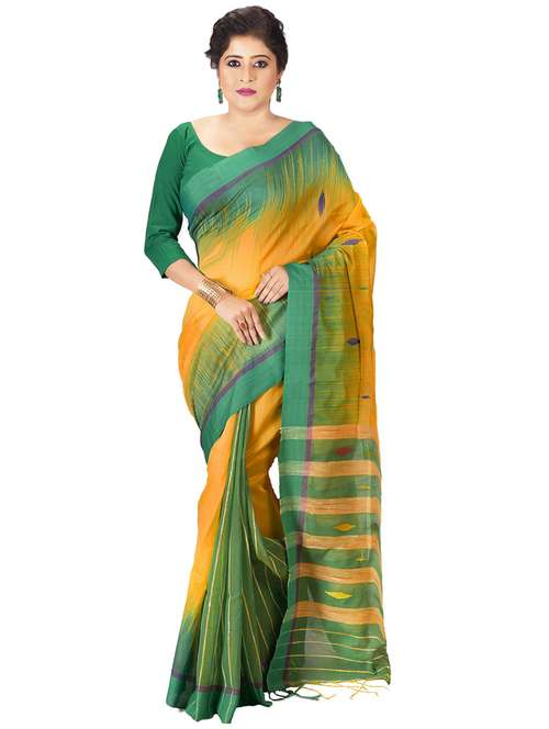 yellow self design handloom saree with blouse - 20614089 - Standard Image - 0