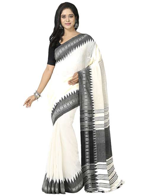 White Self Design Handloom Saree With Blouse