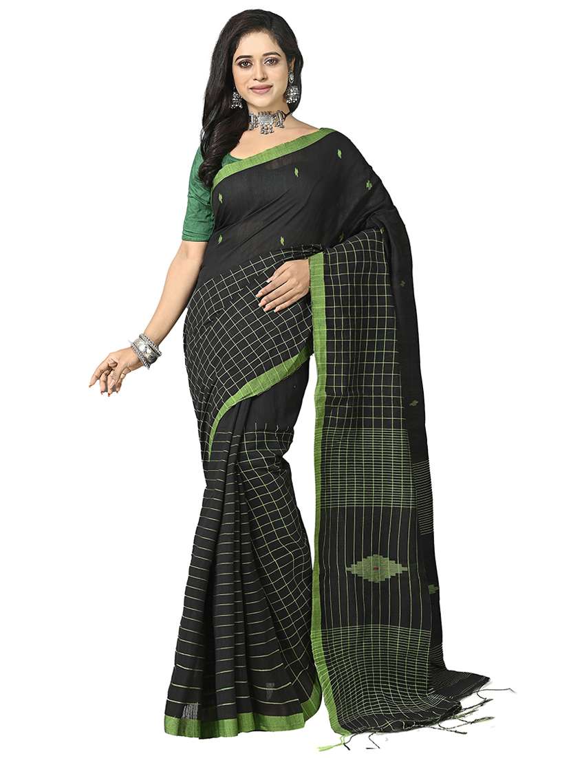 women black checks handloom saree with blouse