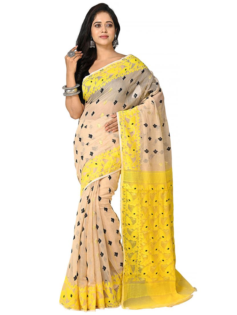 beige self design jamdani saree with blouse - 20614118 -  Zoom Image - 0